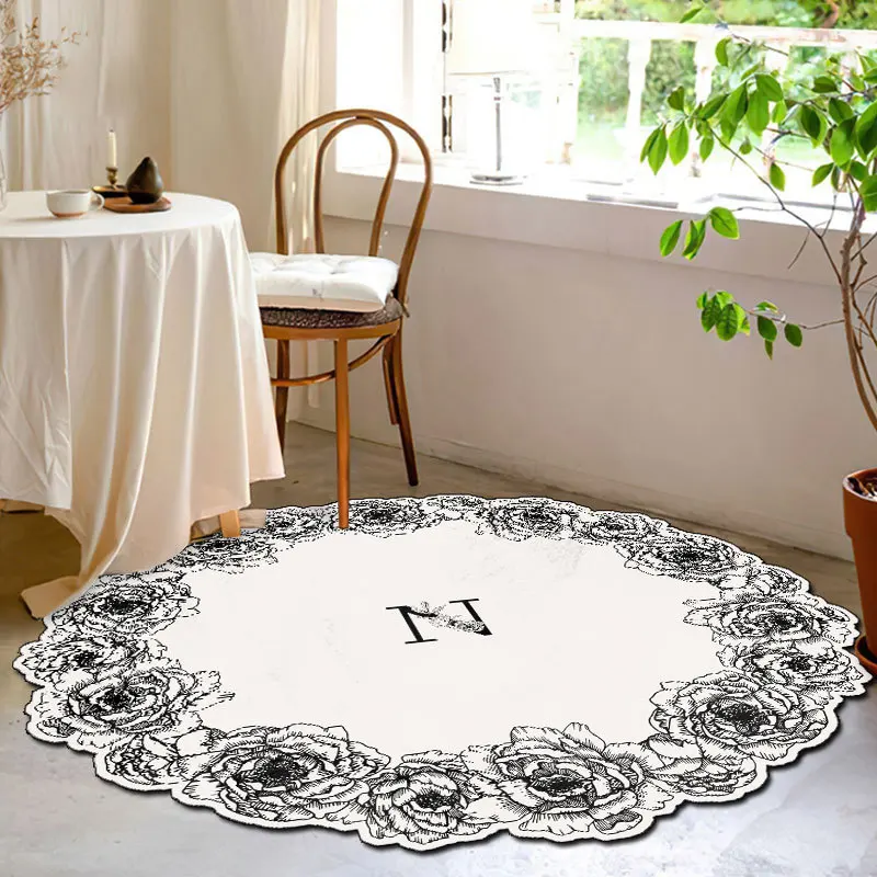 

Imitation Cashmere Modern Minimalist French Romantic Black and White Floral Flower Living Room Bedroom Floor Mat Carpet