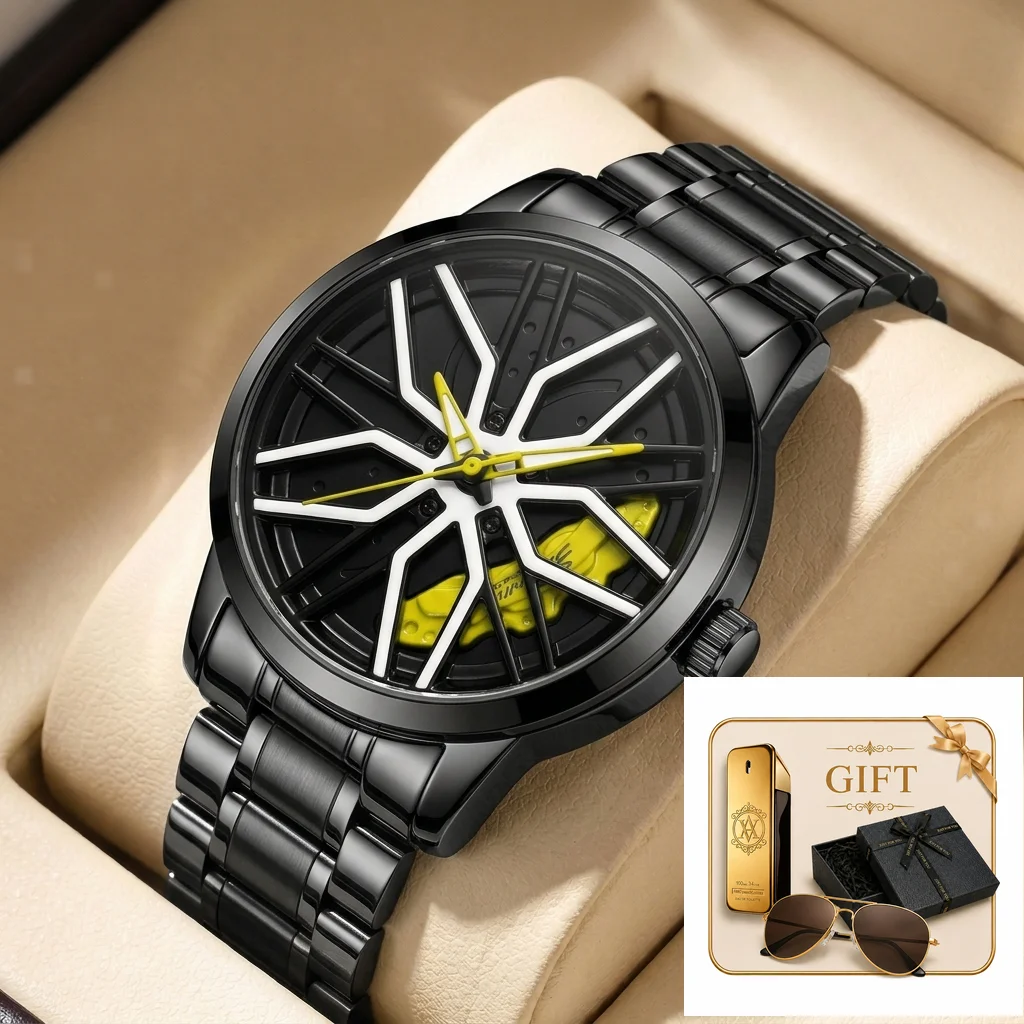 4pcs Men's Black White Yellow Metal Futuristic Wheel Pattern Accents Sunglasses Perfume Mechanical Watch Gift Set