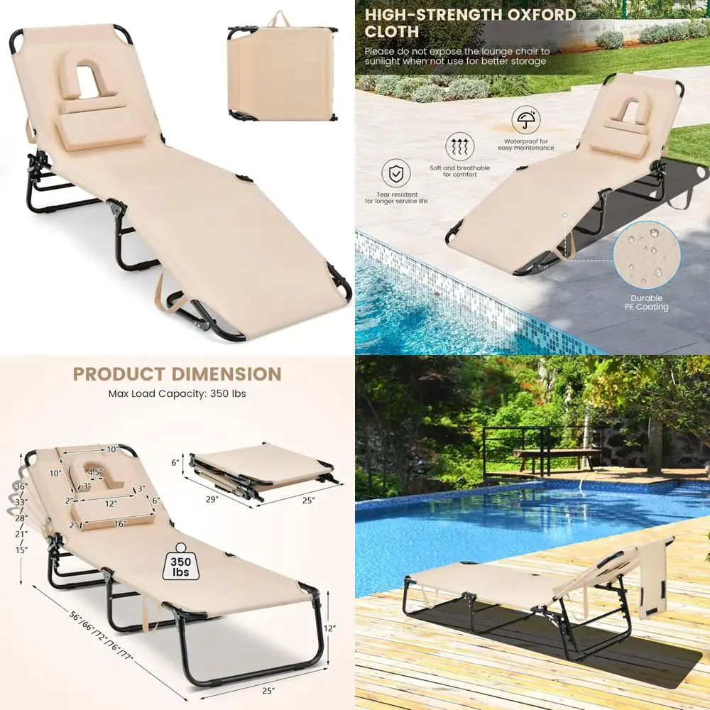 

Adjustable Folding Chaise Lounge Chair for Beach with Face Hole, Washable Pillow, Carry Strap, Supports Up to 350lbs