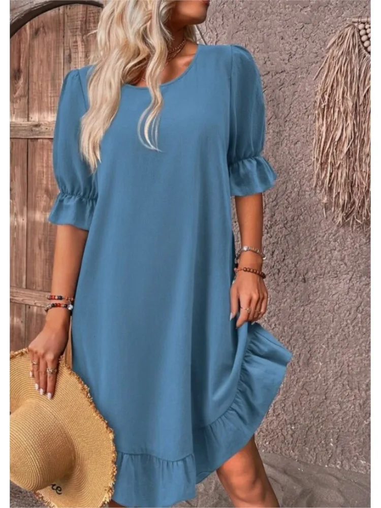 

Women's Summer Dresses Casual Mid-sleeve Round Neck Solid Color Loose Hem Cotton And Linen Dress 2024 Elegant Dress For Women