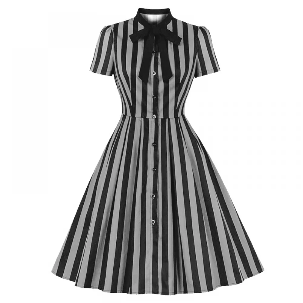 1950s Dress for Women Retro Black and White Striped Dress Stripes Print Tie Front Rockabilly Dresses Halloween Costume