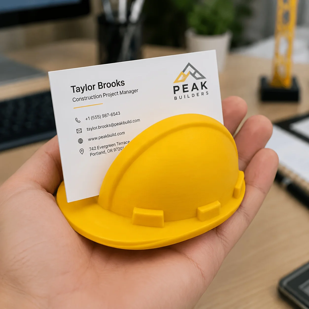 3D Printed Yellow Hard Hat Business Card Holder Modern Industrial Style Multifunctional Desktop Storage Organizer