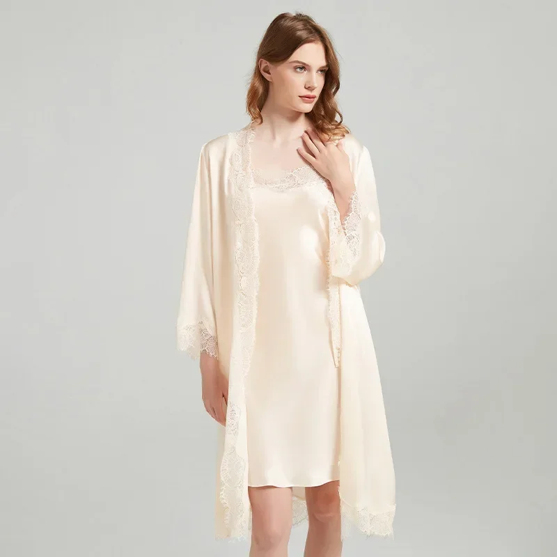 

Lace Trim Silk Robe Nightgown 2 Piece Set Women 19 Momme 100% Pure Mulberry Silk Sexy V Neck Bridal Sleepwear Elegant Home Dress