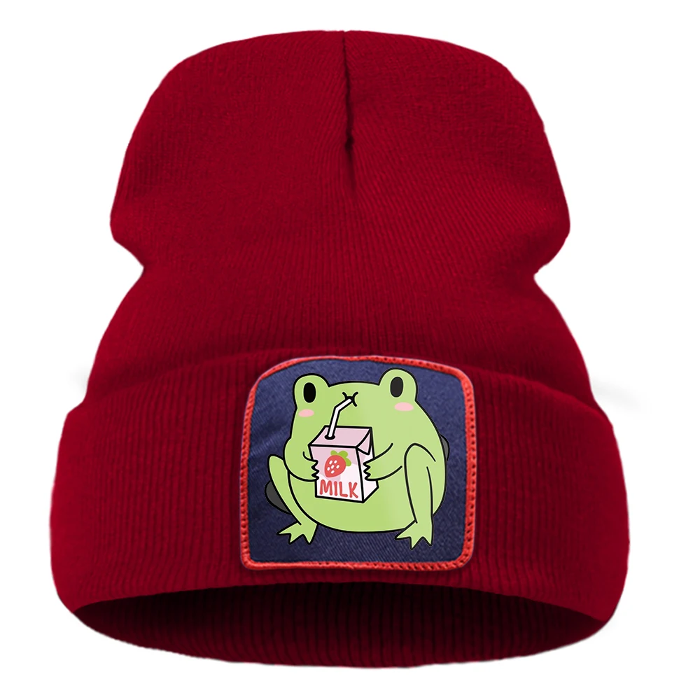 Funny Strawberry Milk Frog Printing Beanie Caps Trendy Autumn Casual Foldable Unisex Hats Fashion Cotton Mens Winter Knit Hats