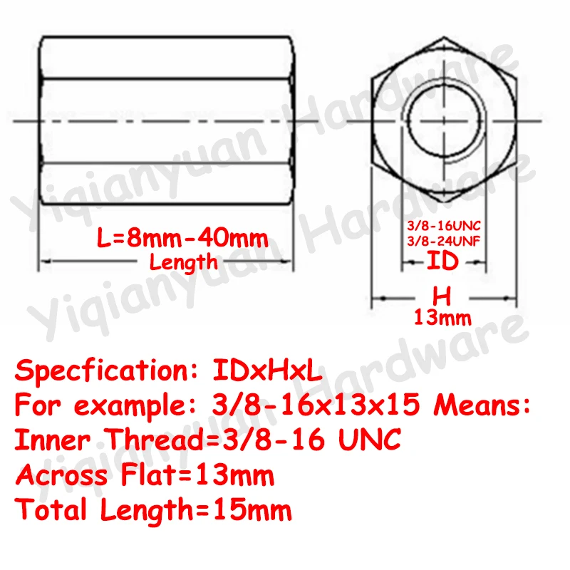 Weiyi Messing-Sechskant-Kupplungsmuttern 3/8-16 UNC 3/8-24 UNF Gewinde, Verstärkte Kupfer-Verbindungshülsen für Mechanische Teile – Detail 2