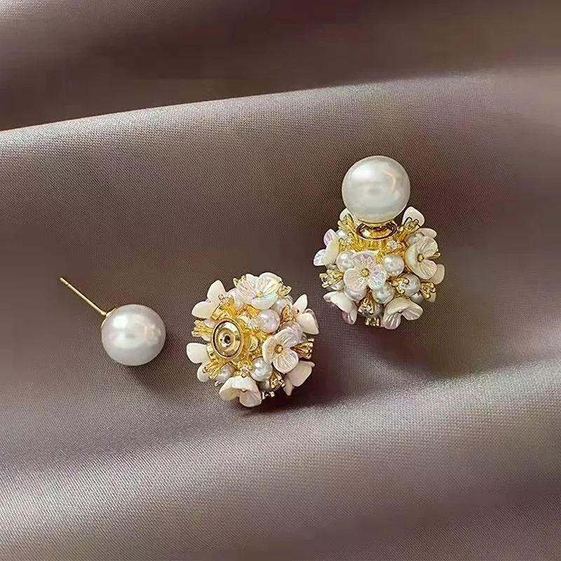 خمر الأزياء شل زهرة اللؤلؤ الكرة شكل وأقراط للنساء الكرة مزدوجة الجانب الأقراط الأنيقة مجوهرات حفلات الزفاف #5