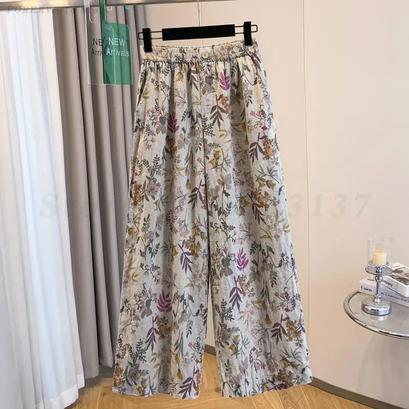 

Vintage Print Flower Wide Leg Pants Chinese Ethnic Style Trousers Women Loose Casual National Bottoms Traditional Clothing