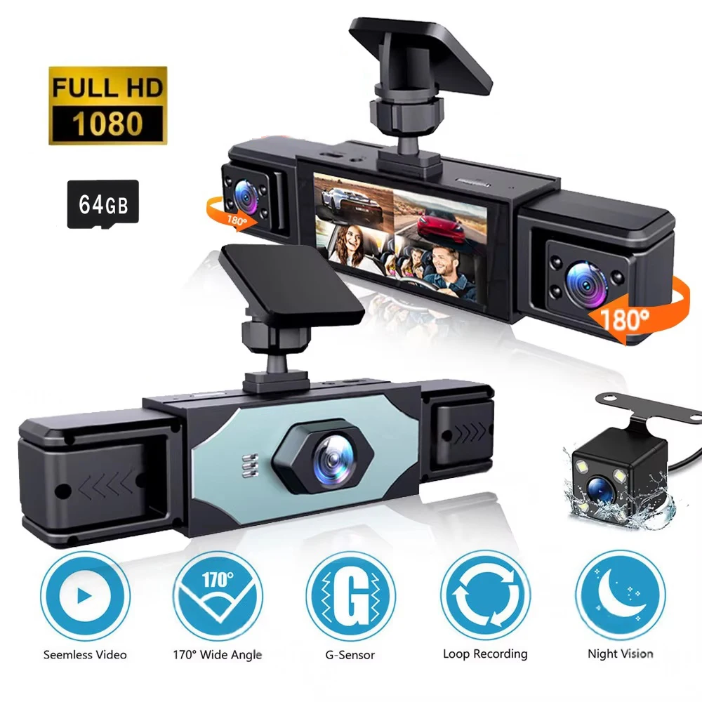 

HD 1080P 360° Dash Cam 4 Channel Car Driving Recorder Car Front+Rear Camera with 64GB Card, Wide Angle, Night Vision
