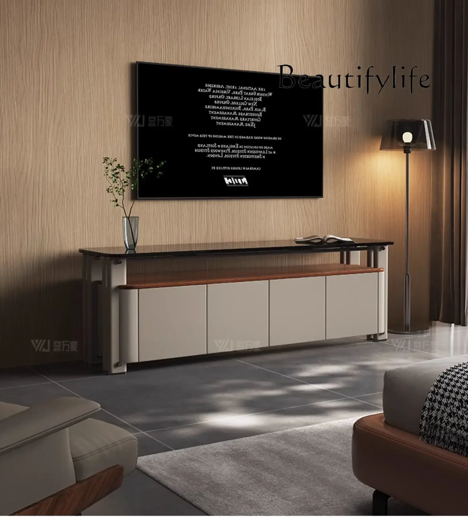 SS Italian Minimalist TV Cabinet Storage Locker Integrated Light Luxury High-end Walnut Solid Wood TV Cabinet