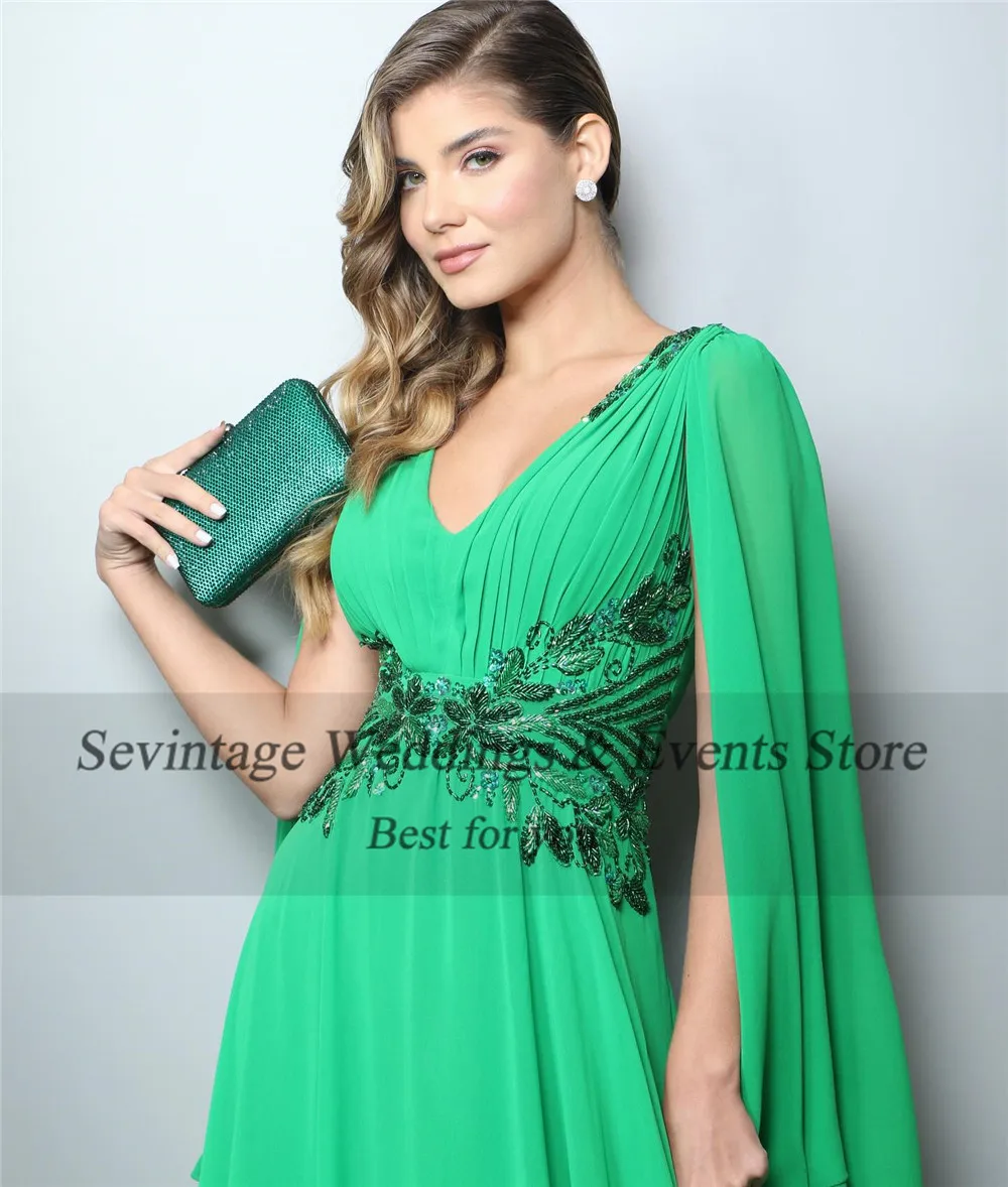 Customized Elegant Green A-Line Prom Dress V-Neck Long Cape Sleeve Sequineds Ruched Floor Length Evening Dress robes de soirée