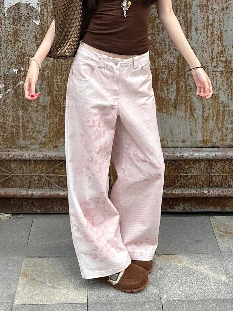 レトロアメリカンピンクヒョウ柄ゴールドエメッドカジュアルパンツ女性のスパイシーデザインワイドレッグフロアレングスパンツ