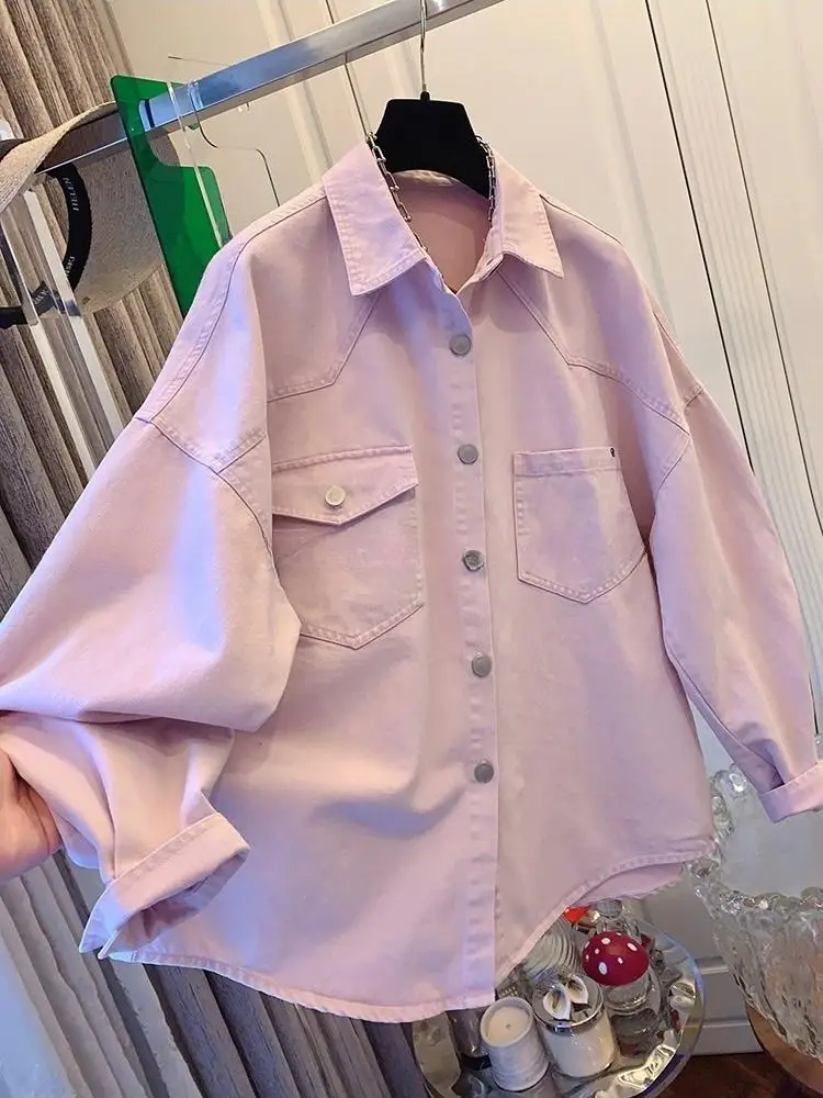 

SuperAen Fashion Denim Loose Oversize Shirt for Women Spring and Summer 2026 New Korean Style Solid Color Lapel Collar Shirts