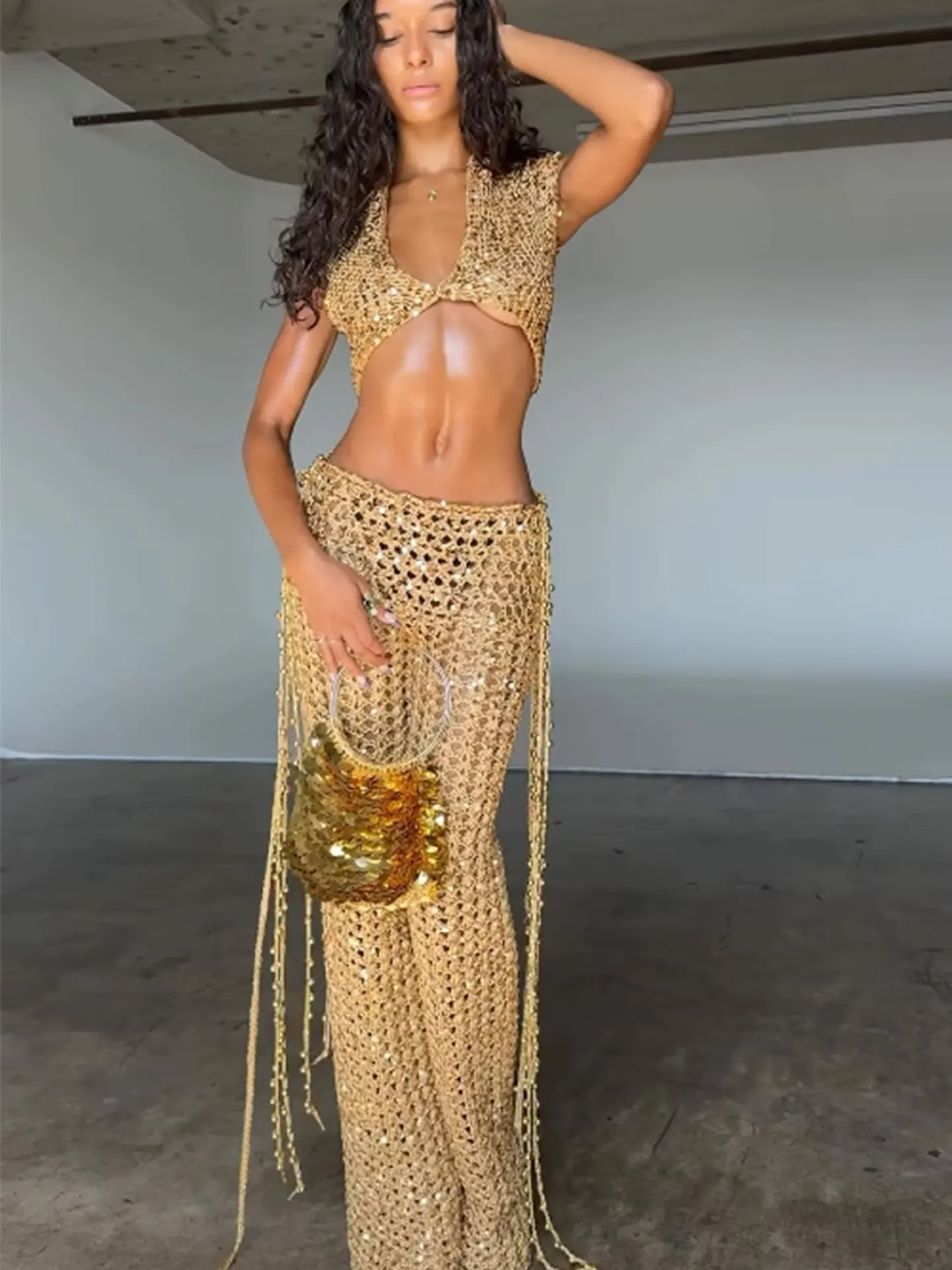 2026 Sequin Knit Two‑piece Set, Vintage Hollow‑Out Halter Crop Top + High‑Waist Straight‑Leg Pants  Street‑wear For Hot Girls