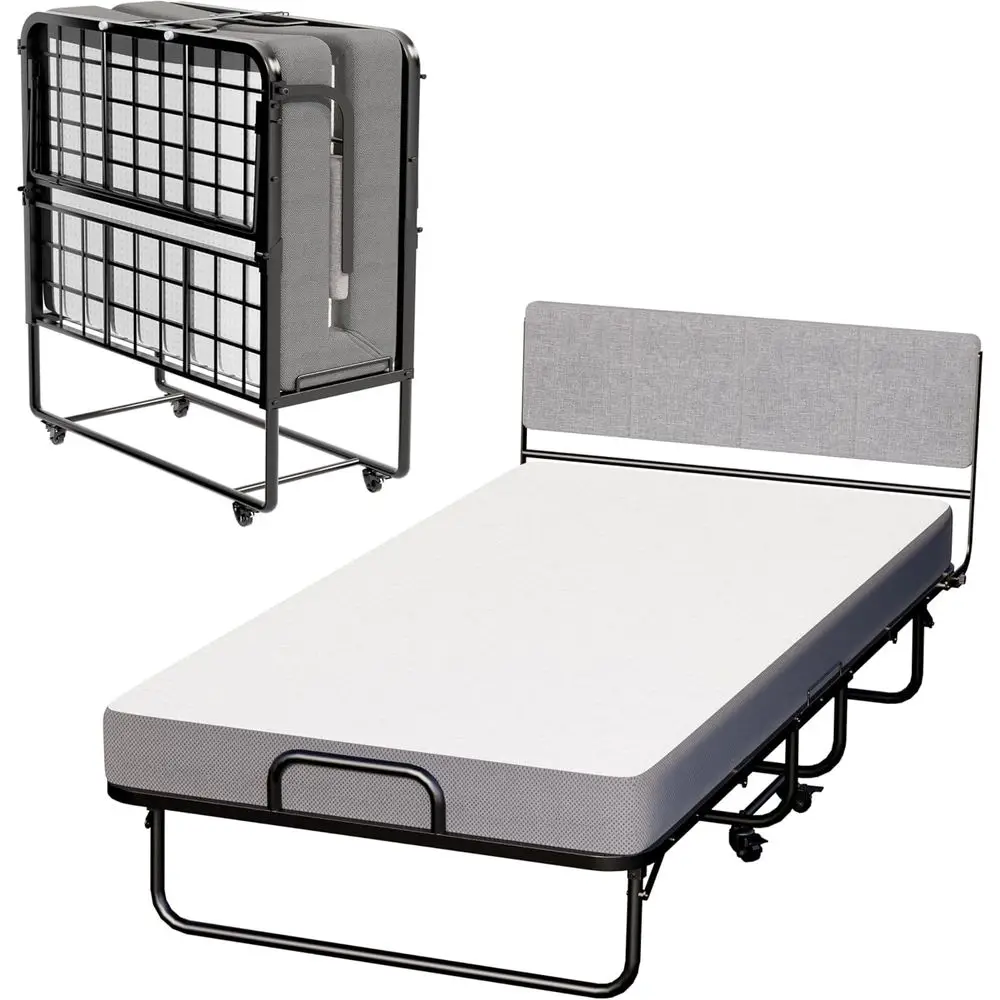 Compact Twin Size Rollaway Bed with Upholstered Board, Portable and Space-Saving Design