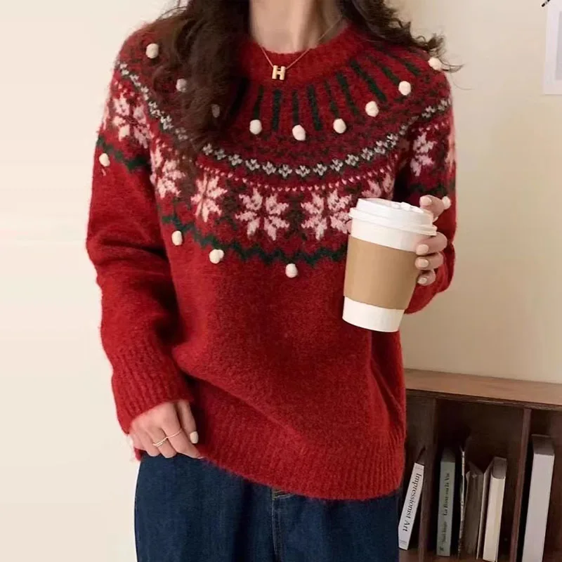 

Knitwears O-Neck Jacquard Knitted Sweater Women Pullovers New Long Sleeve Knit Sweater Pullover Women Tops Sueter Feminino Q2142