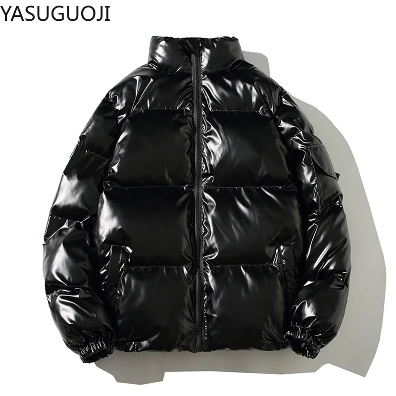 YASUGUOJI-Jaqueta de tecido solto e brilhante masculina, gola alta, casaco prateado, reflexivo, grosso, quente, moda inverno, roupas masculinas, plus size