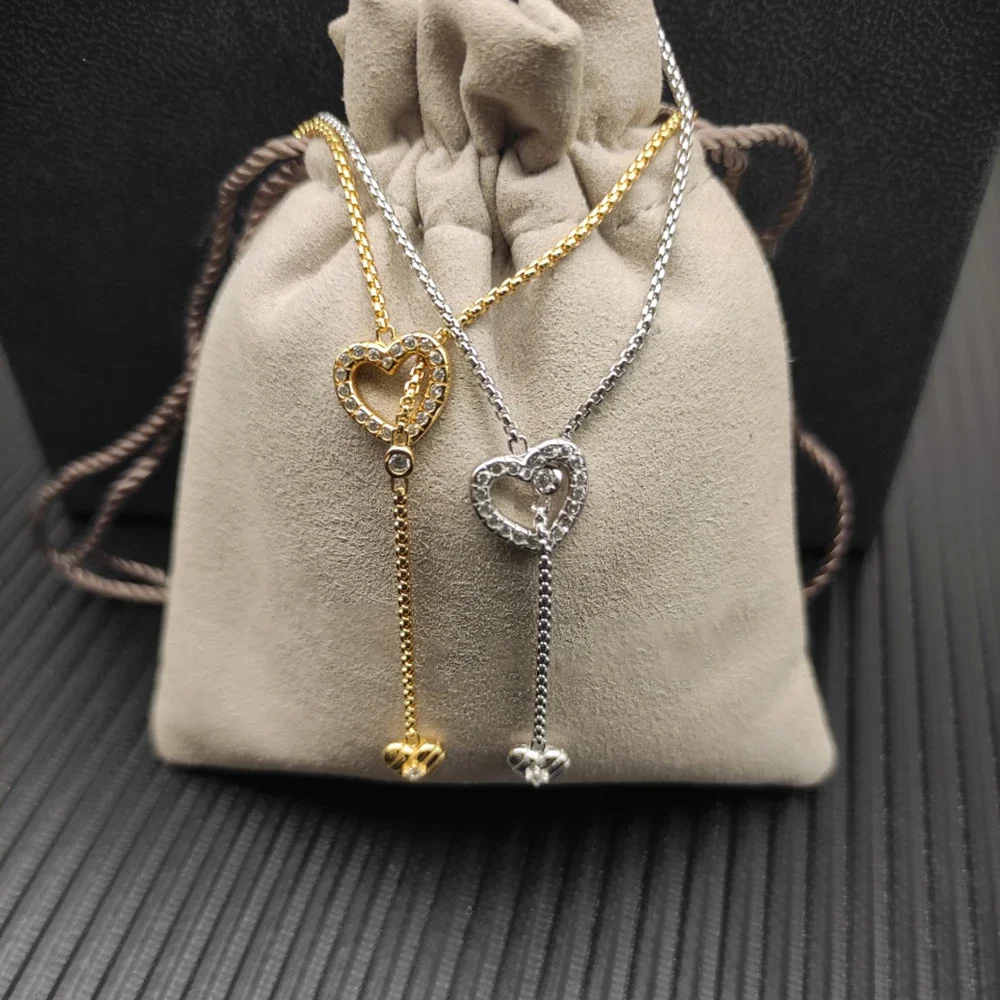 

S925 Collier long en argent sterling avec double cœur et diamant,personnalité neutre,tendance,bijoux de luxe simples