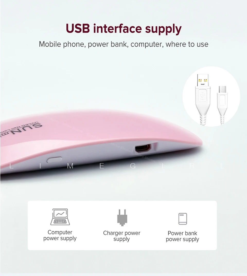 Usb 6 pces contas de luz rosa/branco mini prego secador de lâmpada pequena lâmpada uv do prego conduziu a lâmpada do prego gel polonês luz secador uv cura lâmpada