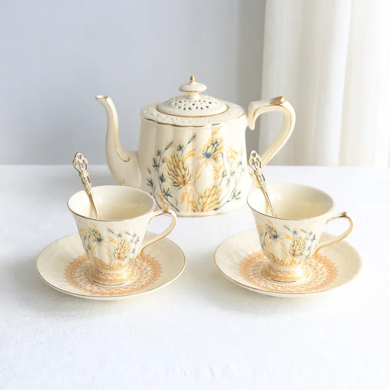 

Coffee Set Gilded Wheat Motif Cups Hand-Painted Gold Trim Royal Afternoon Tea Service Palace Inspired Luxury Tableware