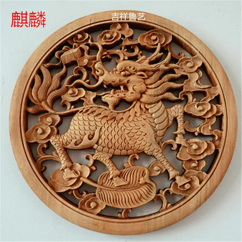 

Chinese Hand Carved Kylin Statue Camphor Wood Round Plate Wall Sculpture