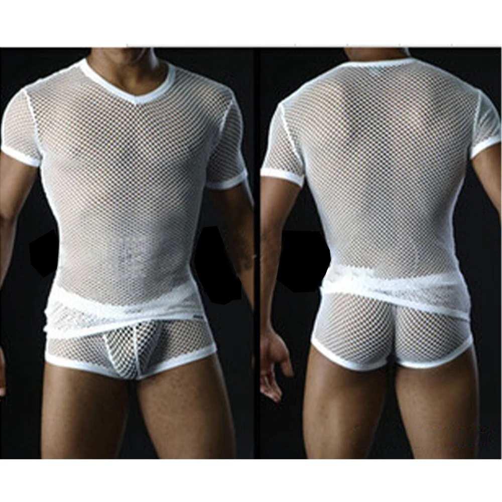 Cotton Mesh Mens T Shirts White Slim Summer Black Breathable Casual Fishnet M-xL Party Nightclub See Through Sexy