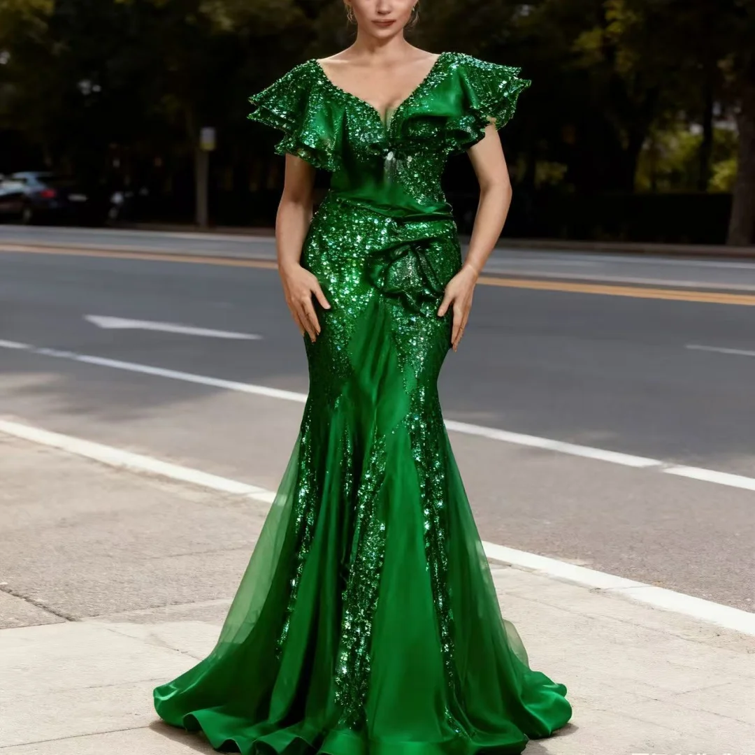 

Customized Elegant Ruffle Sleeve Green Sequins Evening Dress formal evening dresses birthday party prom gowns for women