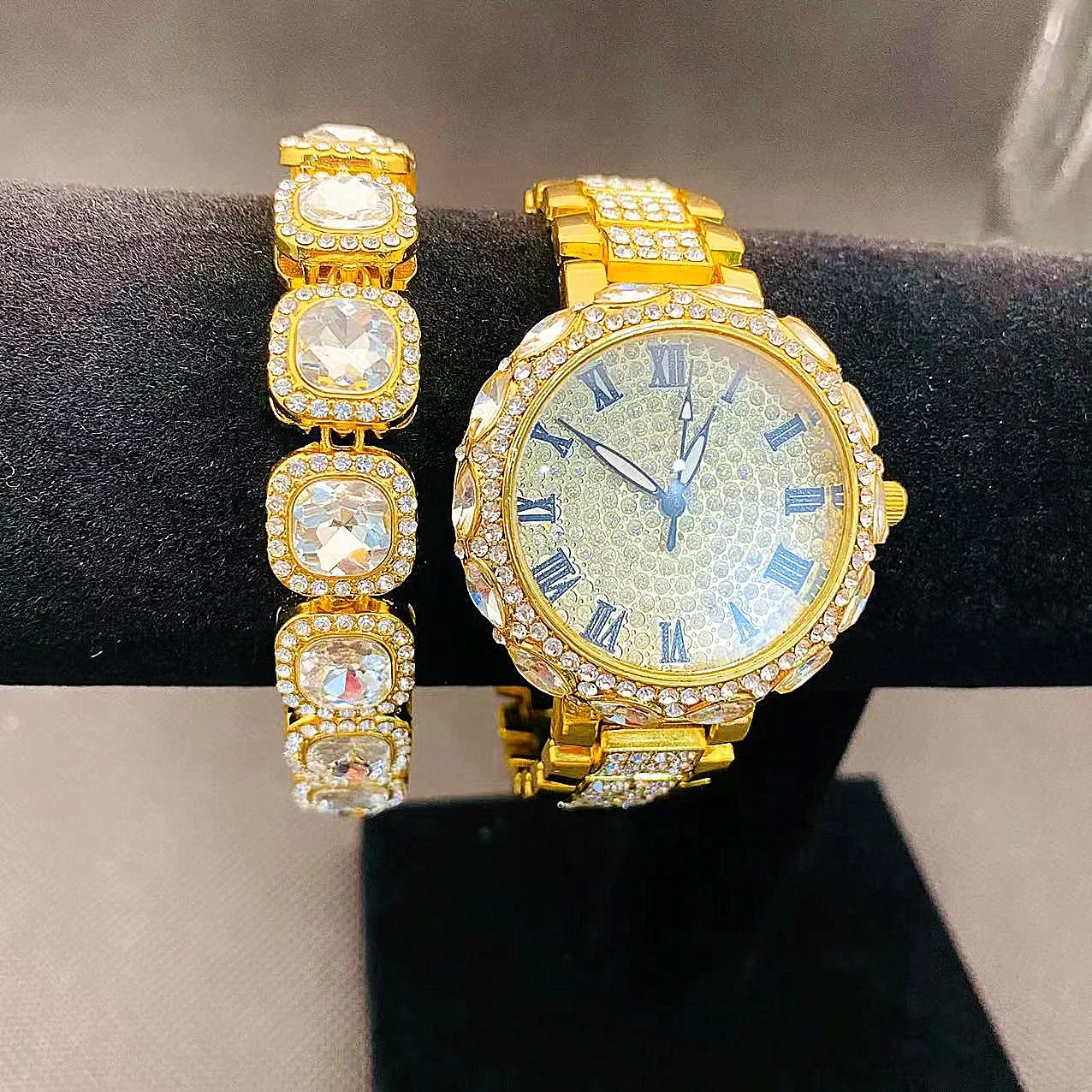 Diamound Iced Out Zegarek dla kobiet Bling Tennis Chain Bransoletka Hip Hop Zestaw biżuterii Luksusowy męski zegar Męskie prezenty Reloj Relogio