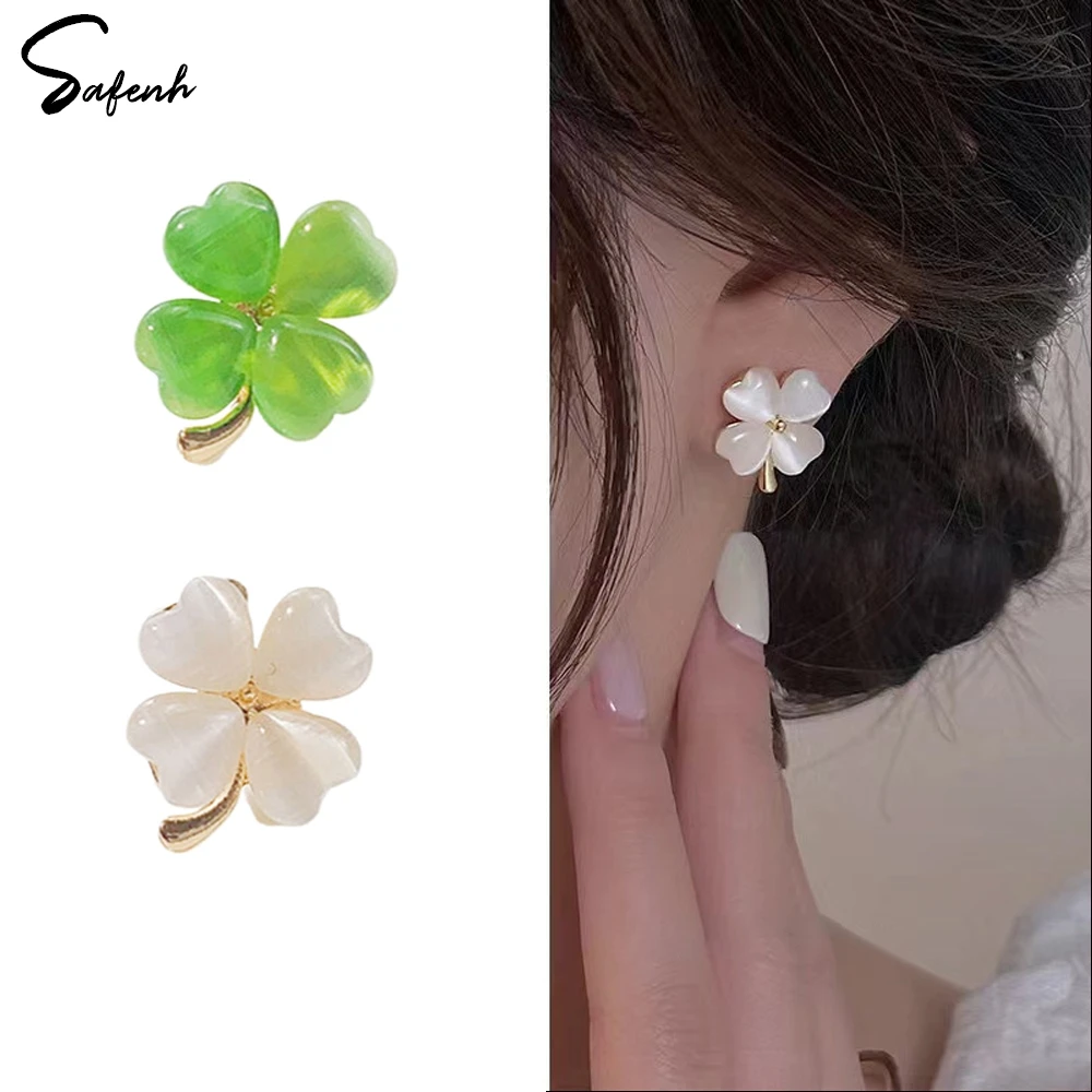 1Pcs Fashion Elegant Luxurious Four Leaf Clover Opal Stud Earrings For Women White Green Colour Earring Party Jewelry Gift