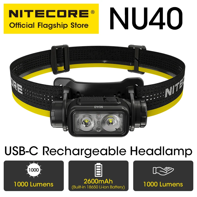 NITECORE NU40 Headlamp USB-C Rechargeable Headlight for Trail Running Work Fishing Trekking Backpacker, Built in 18650 Battery