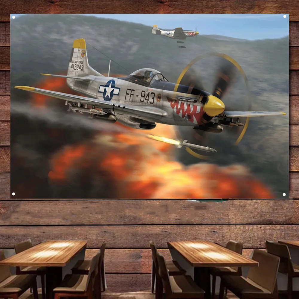 

P-51D Mustang Fighter Jet Airplane Flag Banners USA Strike Aircraft Military Poster Wall Art Tapestry Room Home Decor Painting