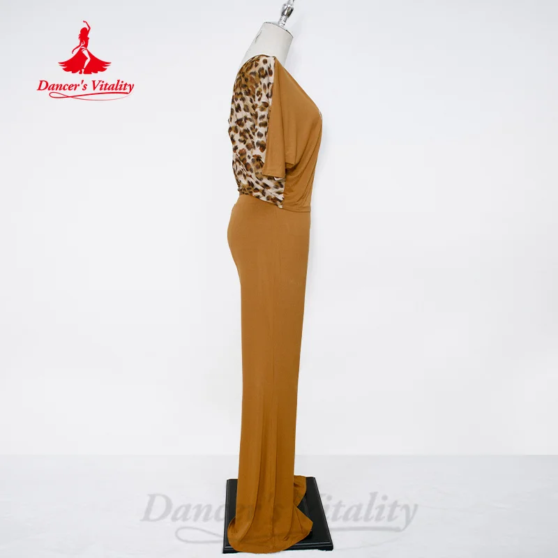 Terno de prática de dança do ventre para mulheres, top com estampa de leopardo + calças justas sexy, 2 peças, roupas de treinamento profissional para dança oriental adulta