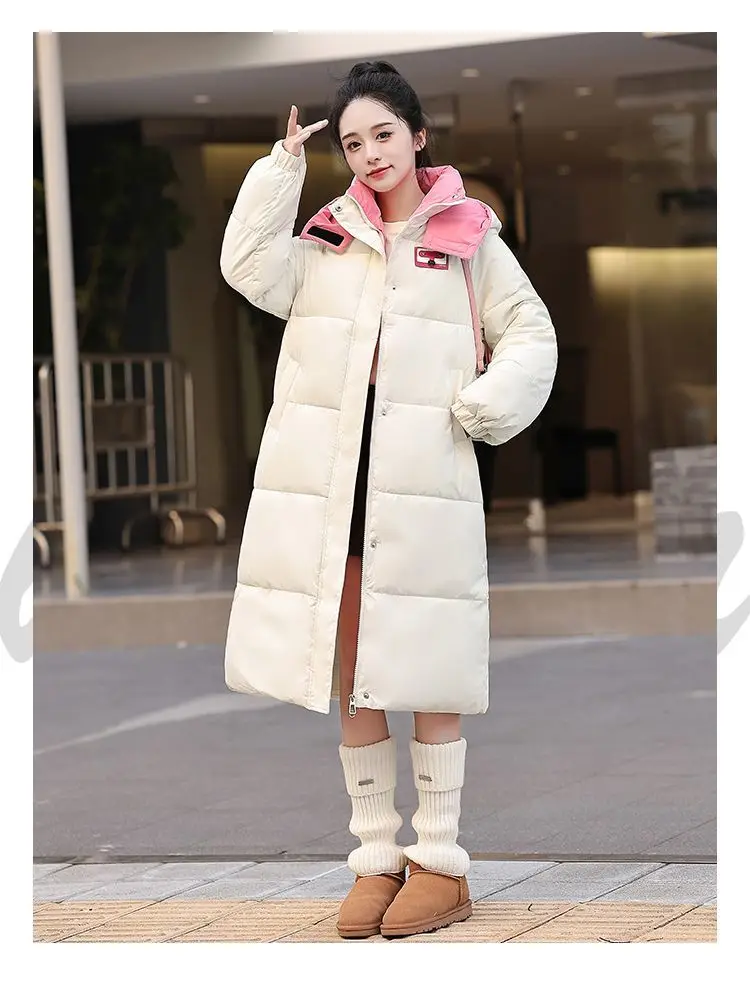 Long Hooded Puffer Coat Women Contrast Collar Warm Quilted Parka Zip‑Up Loose Windproof Winter Outerwear Ladies Padded Jacket