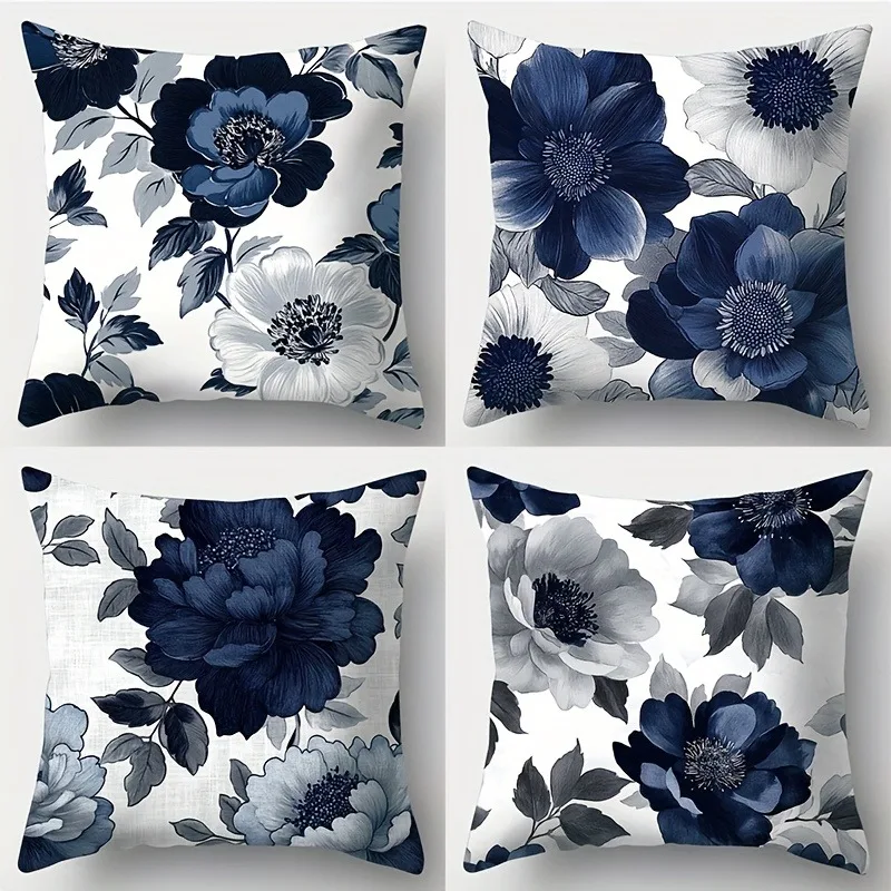 Short plush material pillowcaseBlue and White Floral Pillowcase ,Sofa bedroom cushion cover, single-sided printing, without pill
