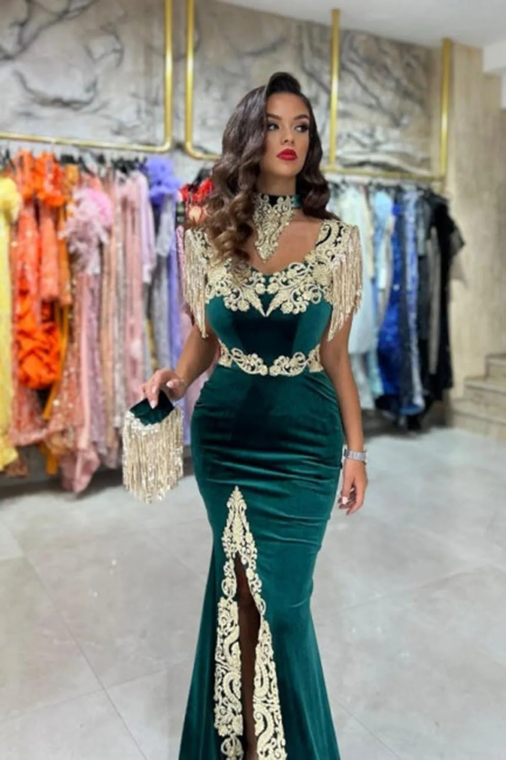 Msikoods karakou algerien vestido de noite ouro rendas caftan boné mangas veludo verde vestido de baile vestidos de festa com divisão lateral