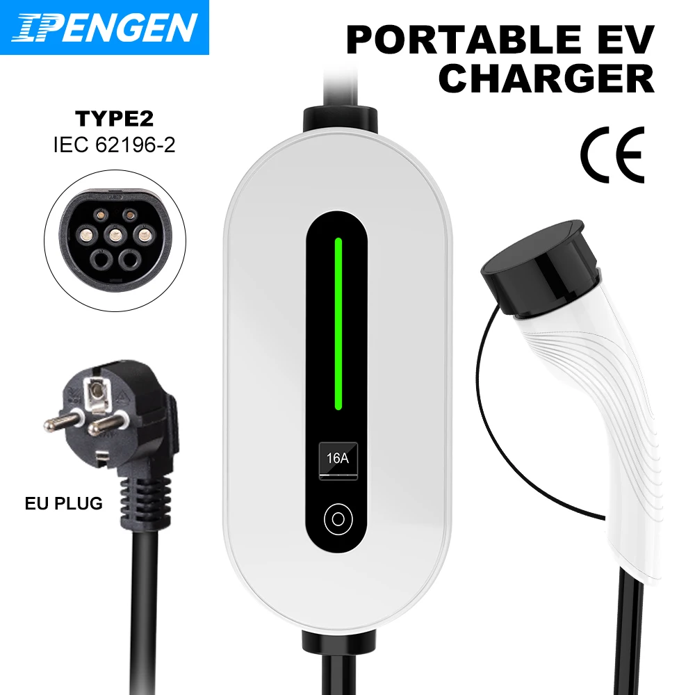 IPENGEN 3.5KW Type2 IEC62196-2 Portable EV Charger 16A Type1 SAEJ1772 EVSE Fast Charging Cable GB/T Wallbox for Electric Vehicle