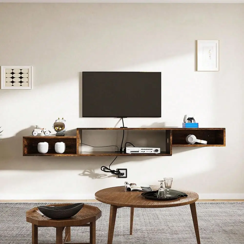 TV Stand With LED Lights, Power Outlet, 59 Floating TV Shelf For Cable Box Audio Video, Floating Entertainment Center With Stor