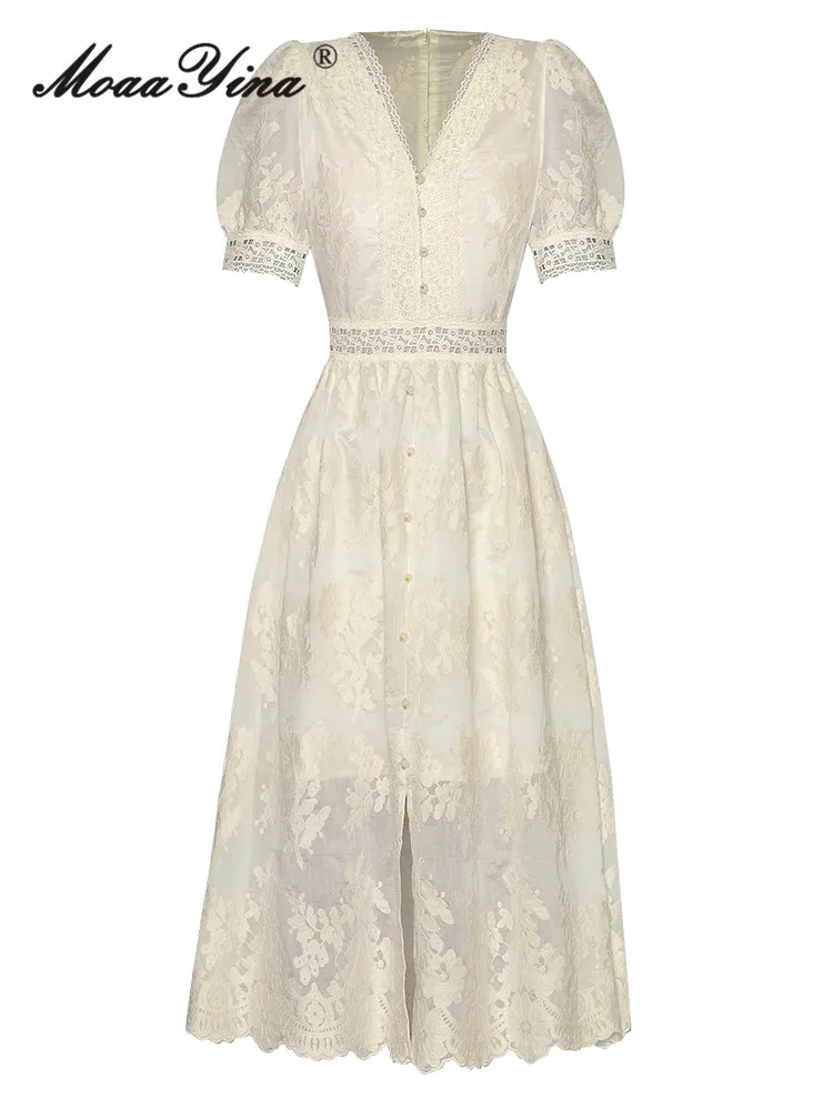 

MoaaYina Fashion Designer Summer Women's Dress Floral Embroidery Patchwork Pearls Button Hollow Out Split Temperament Dresses
