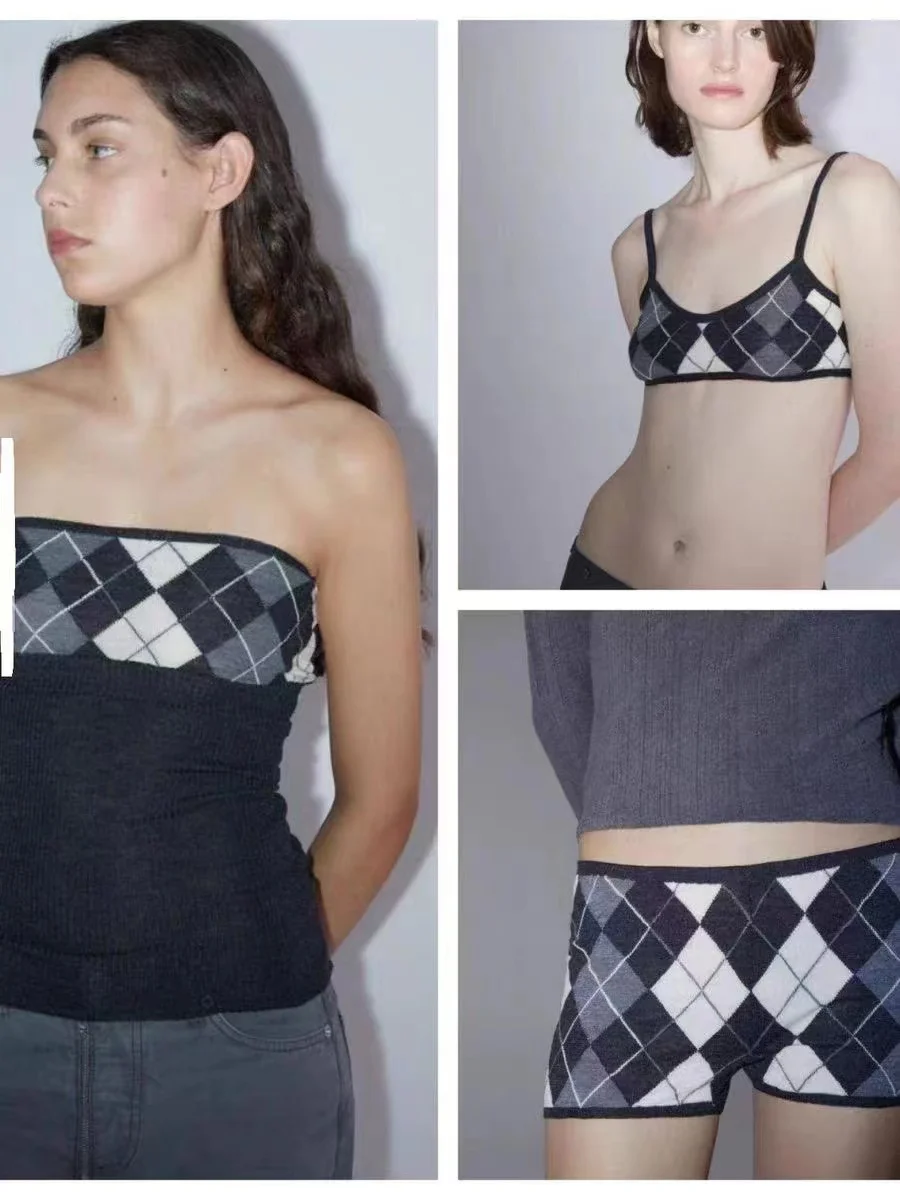 

Street Sle Knitted Wool Blend Crop Top And orts Set with Patchwork And Diamond Pattern for Trendy Women Faionable m...