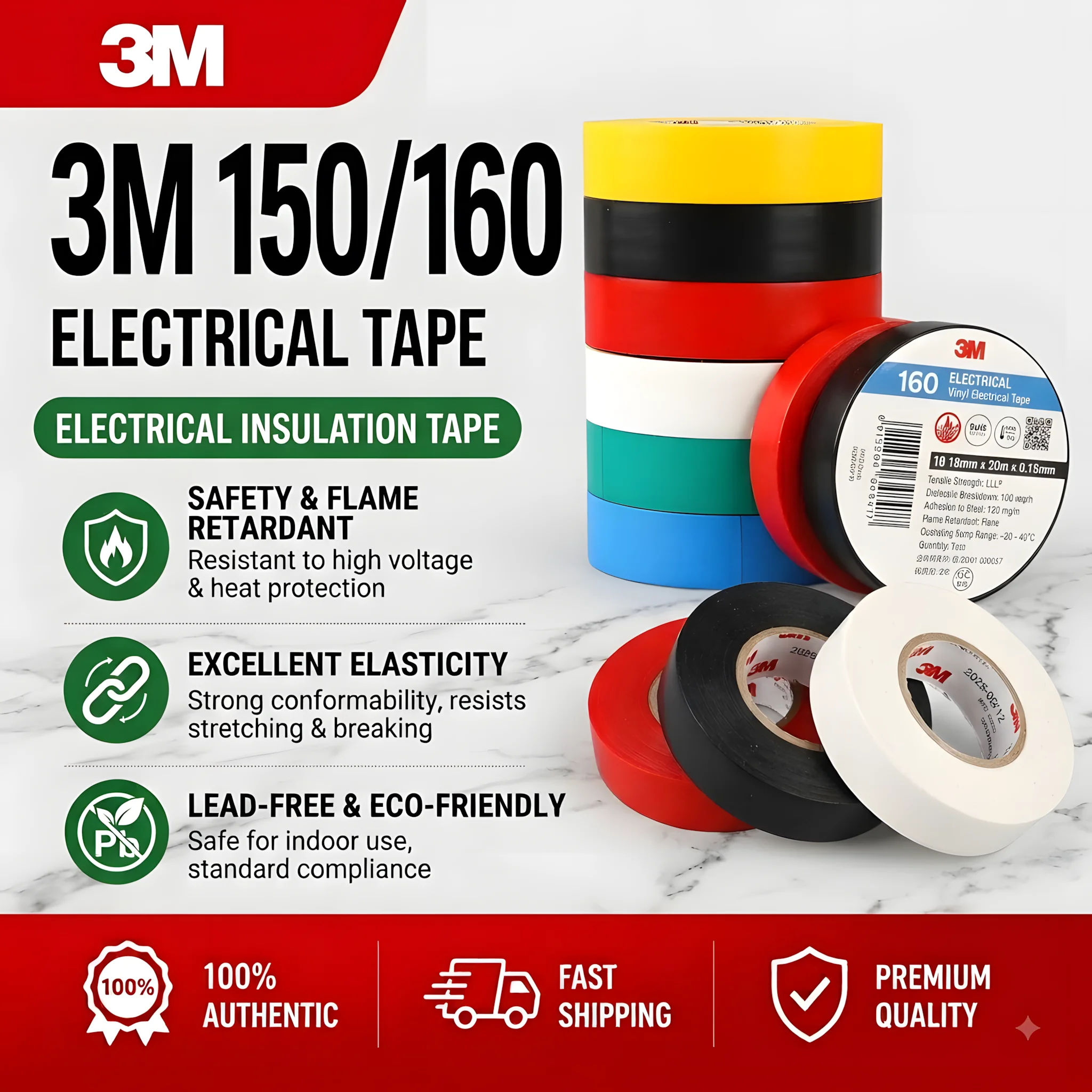 3M 150 160 10M Ultra-Thin Ultra-Adhesive PVC Electrical Tape Waterproof Retardant Insulation Tape for Electrical Wiring