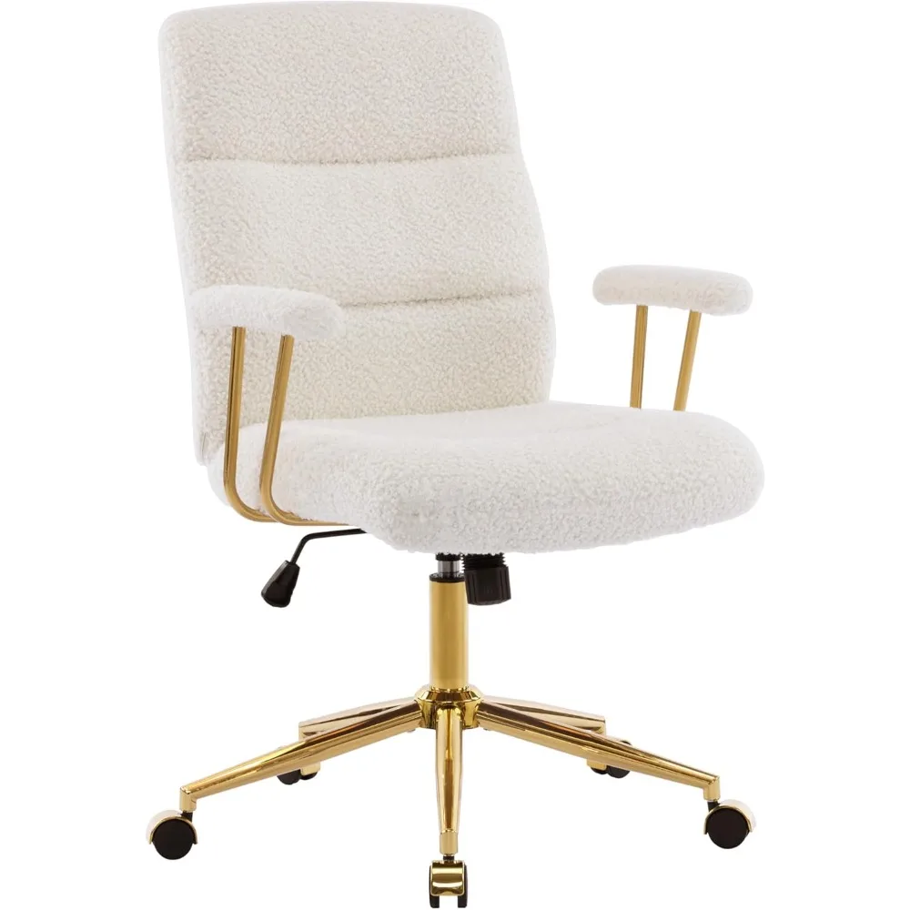 

elegant white and gold fuzzy office chair with textured boucle fabric, modern desk chair with padded seat, height adjustable wit