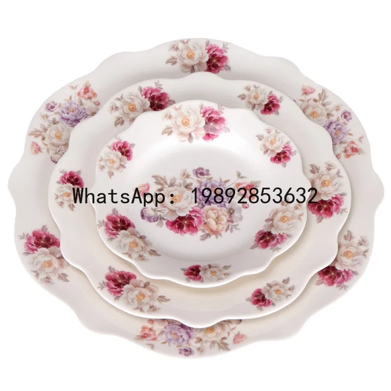 Pastoral ceramic plate flat  new bone china export dinner red lace plate flower shaped  lotus mouth flat