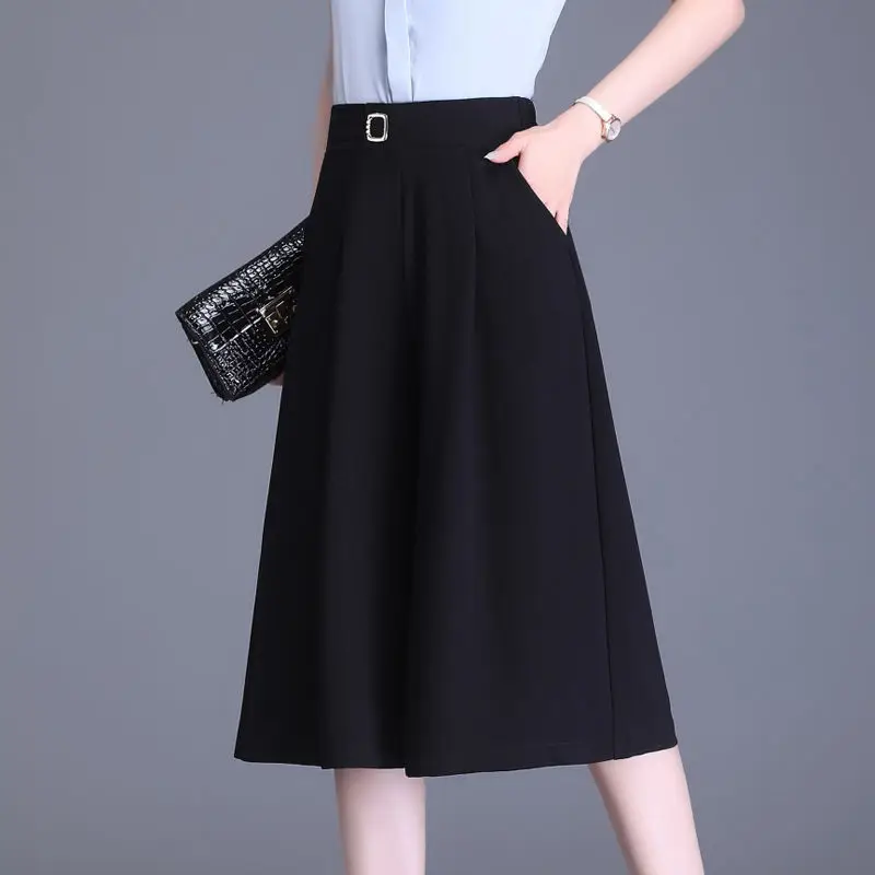 New Summer Elegant Pocket Solid Color High Waist Wide Leg Pants Ladies Temperament Bright Line Decoration Elastic Waist Pants