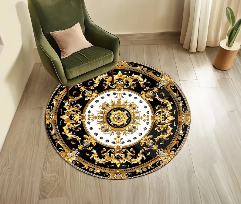 Golden Medallion Round Rug, Special Design Circle Carpet, Large Area Rug for Bedroom Entrance Hall and Dining Room Decor