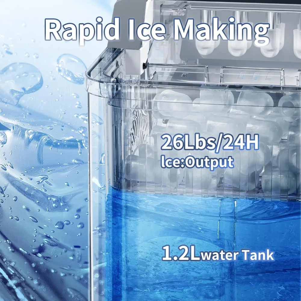 Ice Maker with 26Lbs/24Hrs & Auto-Cleaning, One-Click Button, 2 Sizes of Bullet Ice, Energy Saving, Portable Ice Machine