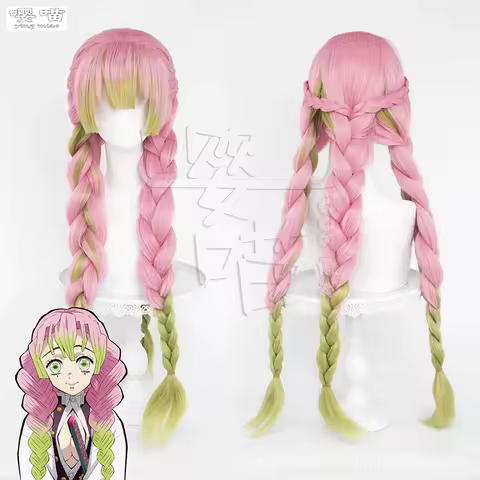Mitsuri Kanroji Cosplay Wig Anime Demon Slayer Kimetsu No Yaiba Role Play Wigs 85CM Long Pink Green Heat Resistant Synthetic Wig