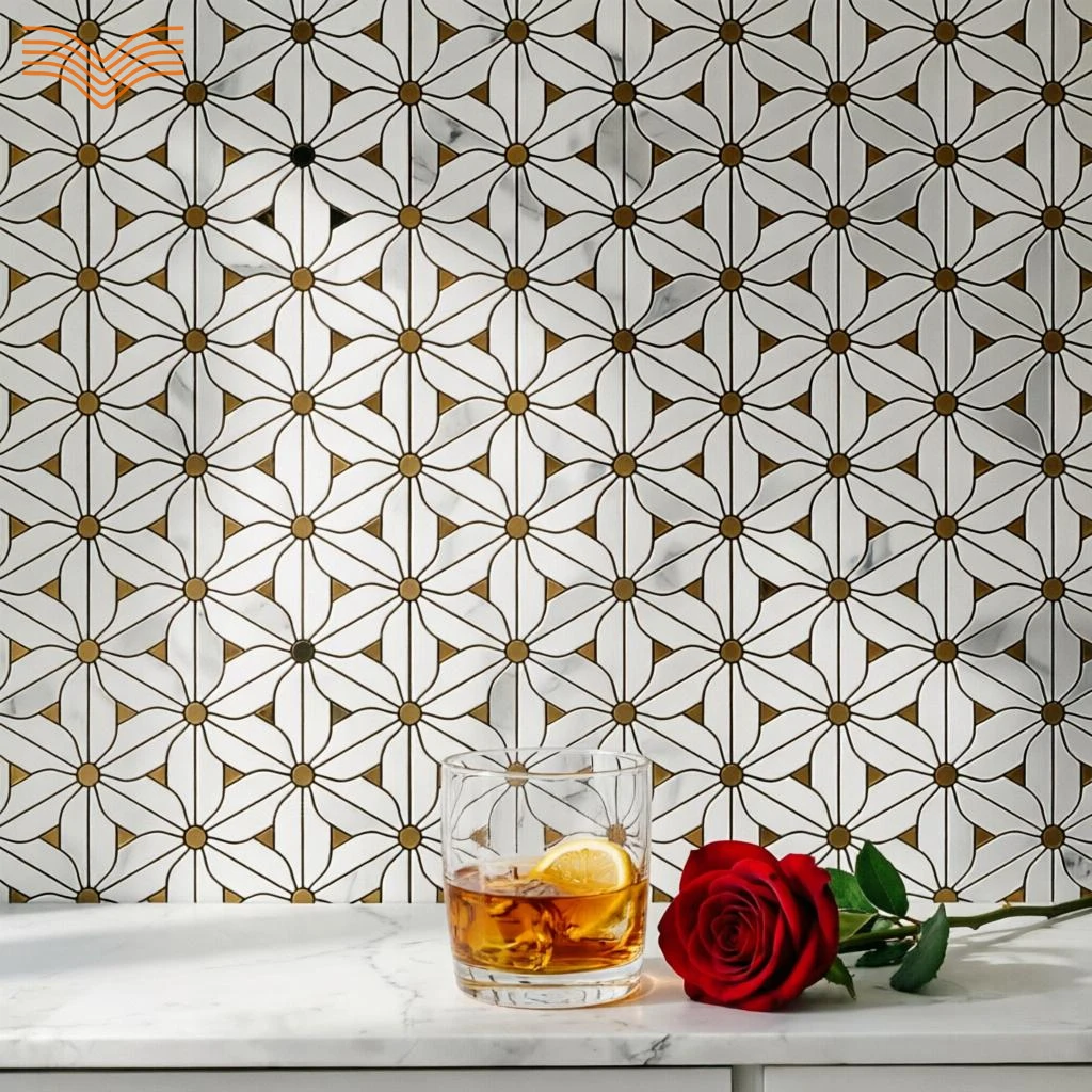 Luxury Gold Floral Marble Mosaic Self Adhesive Tile Waterproof Wall Sticker for Kitchen Bathroom Shower Inlay Flower Design