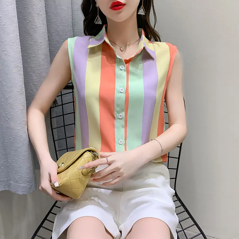 Simplicity Office Lady Summer Women\'s POLO Collar Rainbow Striped Button Patchwork Fashion Loose Sleeveless Chiffon Shirt Tops