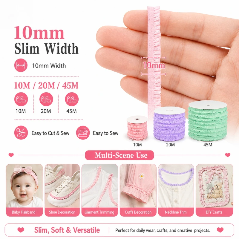 10/20/45M 10mm Ruffled Elastic Band For Sewing Stretch Lace Trim Ribbon Baby Hairband Shoes Rubber Tape DIY Garment Accessories