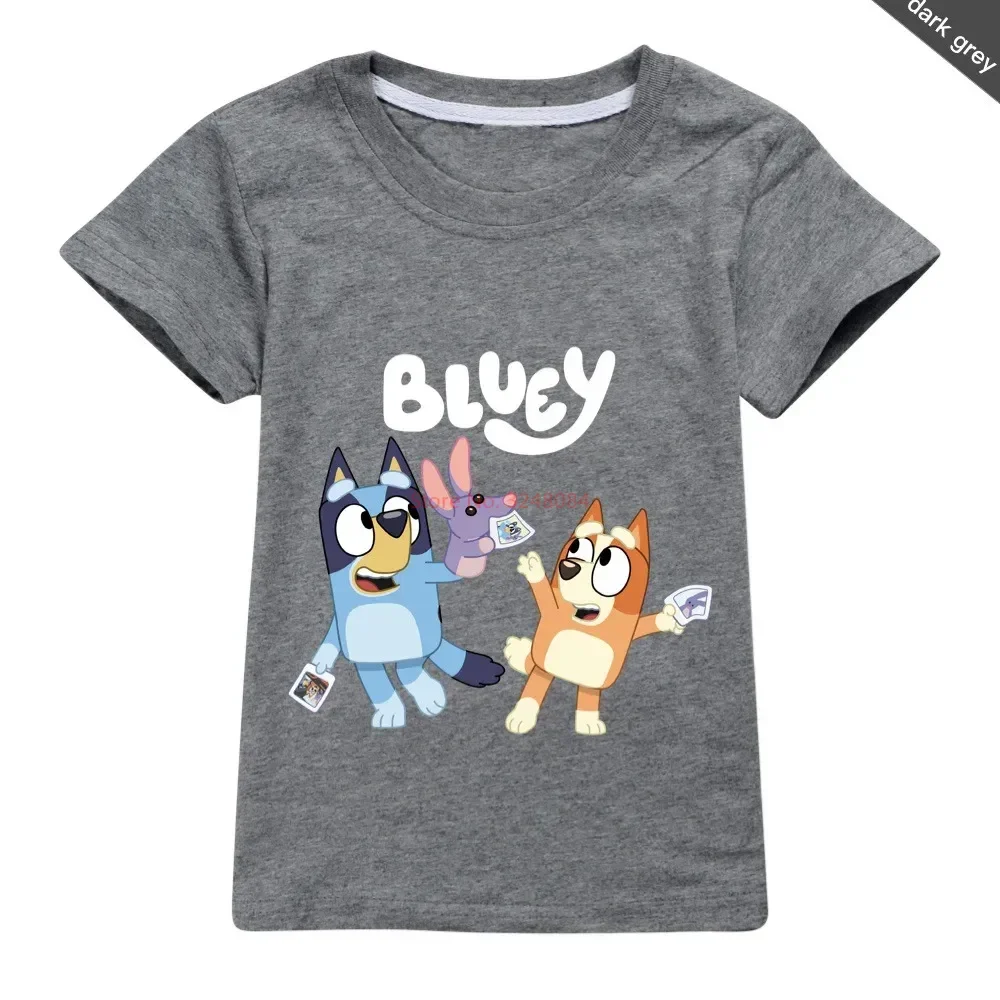 Bluey-Top estampado casual de verão, família bingo, gola redonda, algodão puro, camiseta de manga curta, presente para meninos e meninas, anime, novo