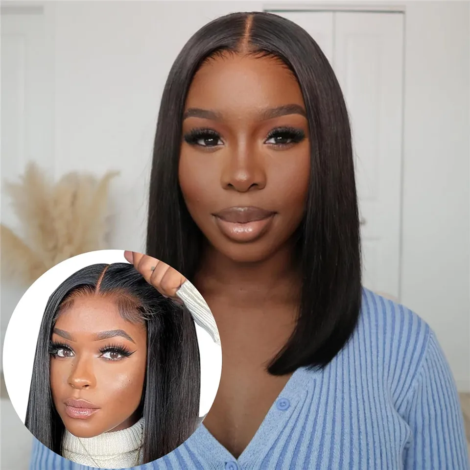 

Glueless Bob Wigs Human Hair Natural Color Peruvian Pre Cut Lace Straight Human Hair Bob Wigs For Women Ready To Wear Density180